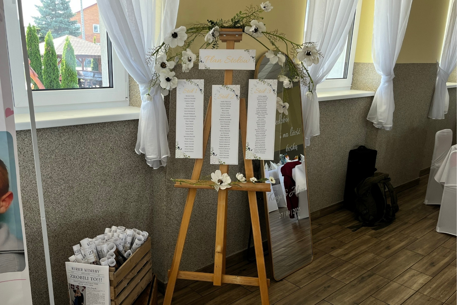 Dekoracja stołu weselnego, Plan stołów weselnych na sztaludze z kwiatami